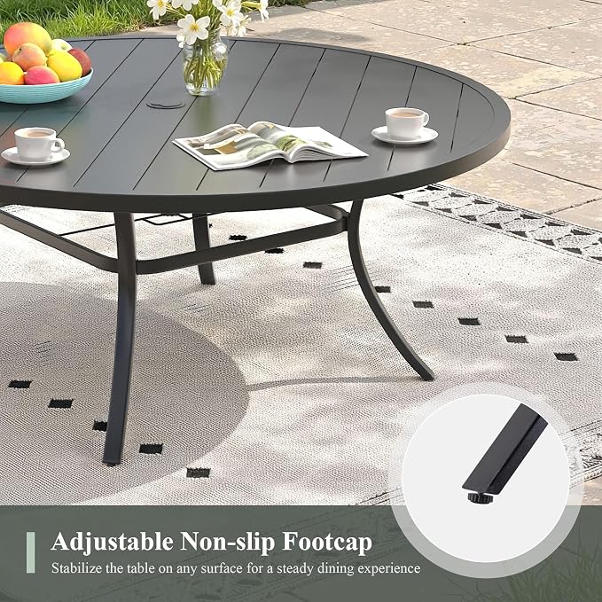 Outdoor Dining Table for 8, 63" Round Outdoor Table with Adjustable Umbrella Hole, All-Weather Metal Patio Dining Table for Lawn Garden Backyard Deck, Black