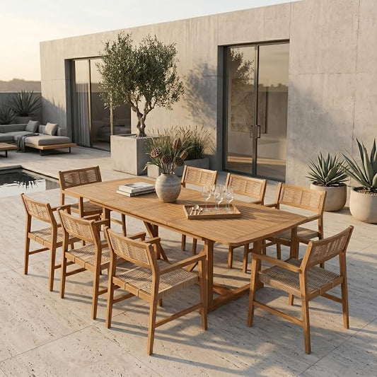 NTC Flexa Extendable Outdoor Dining Table, 63"–94.5" Solid Wood Patio Table for Patio Dining Sets with 8 Terra Chairs Weather Resistant, Easy Assembly, Natural