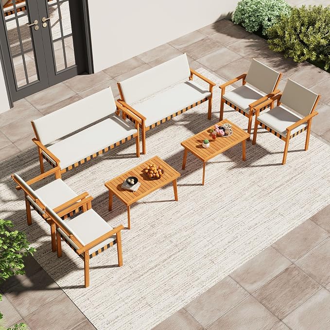 Tangkula 8 Pieces Wood Patio Furniture Set, Outdoor Acacia Wood Cuhioned Conversation Set with Coffee Table, for Backyard,Porch,Garden,Lawn