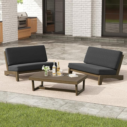 3 Pieces Patio Furniture Sets, All-Weather Outdoor Wood Bistro Set Patio Conversation Coffee Table Chiars and Patio Loveseat for Balcony, Backyard