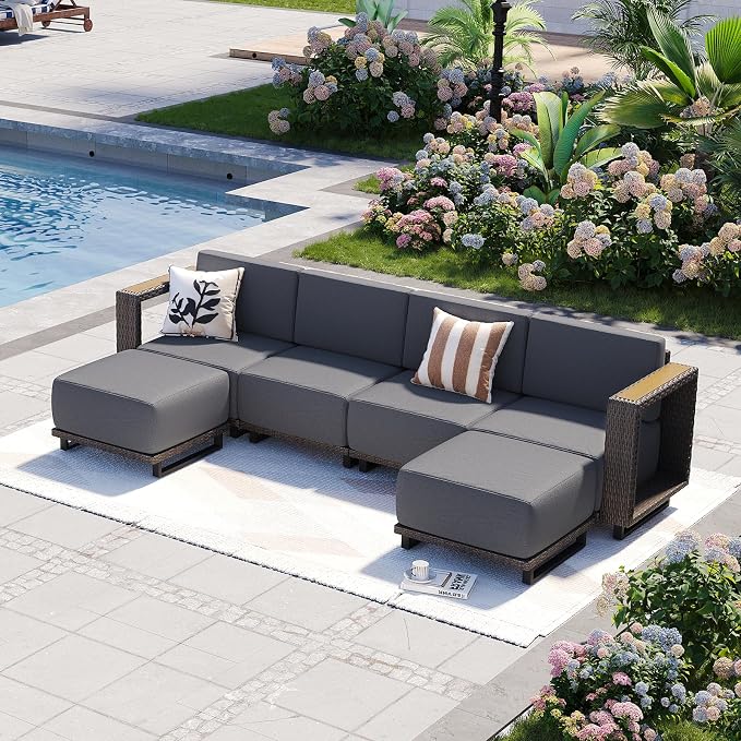 Aoxun Patio Furniture Set, 6 Piece Outdoor Wicker Sectional Sofa Set, All-Weather Rattan with 10'' Ultra-Thick Cushions, Outdoor Conversation Set for Backyard, Poolside and Garden, Brown/Dark Gray