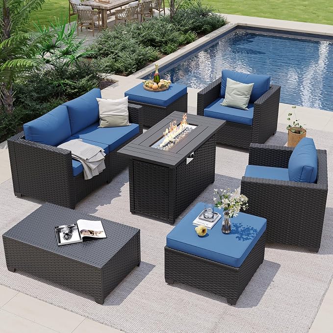 Aoxun Patio Furniture Set with Fire Pit Table, 6 Seats Piece Outdoor Furniture Set with Wicker Ottomans, Rattan Outdoor Sectional Sofa with Storage Table & Waterproof Cover Navy Blue
