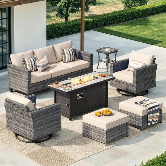 CAODOC 7-Piece Outdoor Wicker Patio Set with 7 Seats, Including 53" Fire Pit - Swivel Rocker Chairs and Conversation Set for Backyard or Lawn, Gray Rattan with Waterproof Beige Cushions