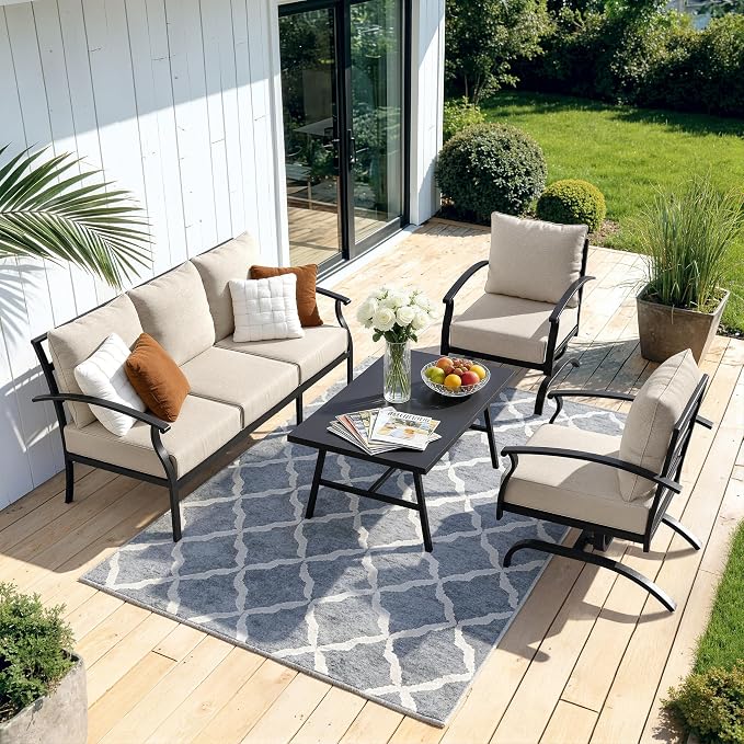 Kullavik Patio Furniture Set,4 Piece Metal Outdoor Patio Furniture Set,All Weather Modern Patio Conversation Sets w/3 Seater Sofa,2 Single Sofas and Coffee Table for Balcony Deck,Sand
