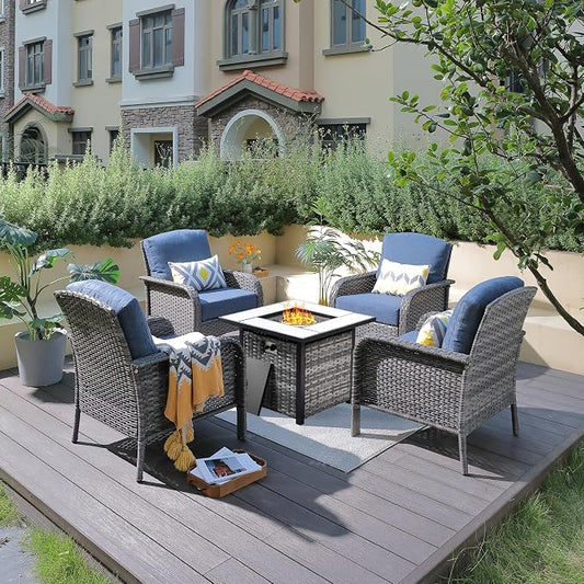 ovios 5-Piece Patio Furniture Set, Outdoor Wicker Sofa with Chairs Fire Pit Table, High Back Rattan Chair with Comfy Cushions for Porch Yard Deck, Denim Blue