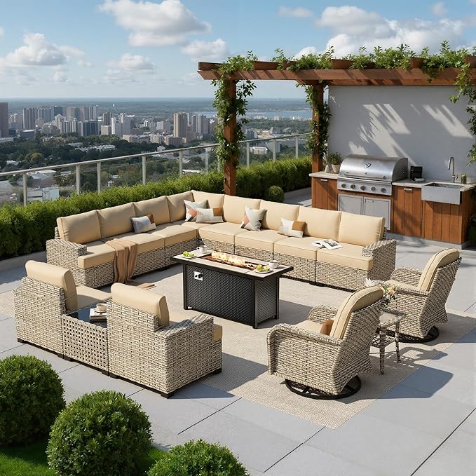 HOOOWOOO Sectional Patio Furniture Set with Fire Pit Table,15 Pieces Wicker Outdoor Furniture L Shaped Couch,Outside Conversation Set Extra Deep Seat Sofa Wide Arm Swivel Chairs Solar Light,Beige