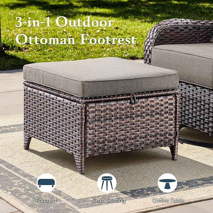 Belord Luxury 6" Thick Cushioned 11 Pieces Patio Furniture Set with Fire Pit Table, Wicker Outdoor Conversation Set with High Back Swivel Rocker Chairs for Deck Porch Yard and Poolside - Brown+Grey
