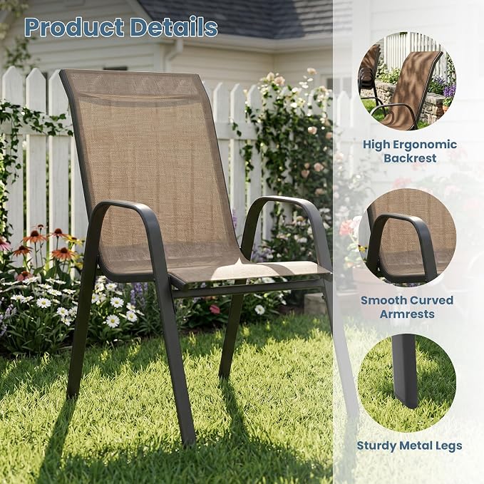 DIFY 9 Piece Outdoor Dining Set, 53" Black Round Metal Patio Table and Brown Textilene Stackable Chairs for 8, All Weather Patio Furniture Set with Umbrella Hole for Backyard Garden Deck