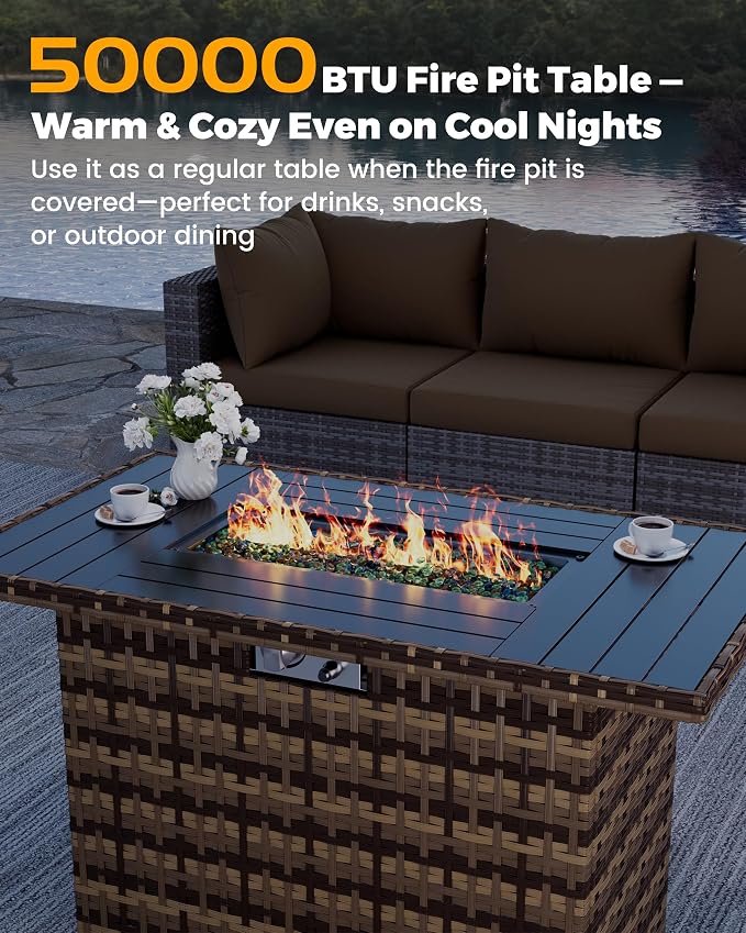 UDPATIO Patio Furniture Set with Fire Pit Table, 8 Piece Sectional Sofas All-Weather Wicker Conversation for Garden, Backyard, Brown