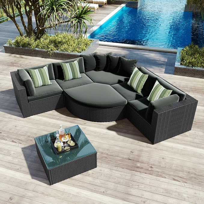 Outdoor PE Rattan Wicker Sectional Sofa Set,All Weather Conversation Lounger Set with Striped Green Pillows and Cushions, Multifunctional Combination Adapt to Any Space Gray-7-piece