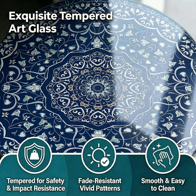 13.4" Outdoor Side Table, Round Patio Bistro Table Printed Tempered Glass Top, Waterproof Rust-Proof Base, Small Plant Stand for Balcony, Garden, Deck, 21.6" H (Blue Maze)