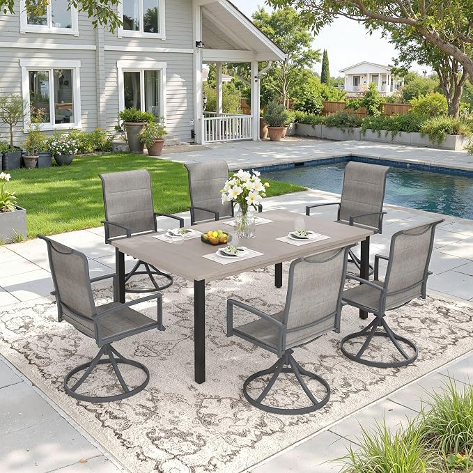 DIFY 7 Piece Outdoor Patio Dining Set for 6, 63" Grey Wood-Like Rectangle Metal Dining Table and Swivel Patio Chairs with Grey Padded Textilene, All-Weather Outdoor Furniture Set for Garden Backyard