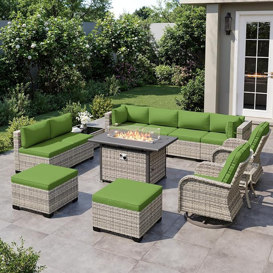 13-Piece Outdoor Patio Furniture Set with Rocking Swivel Chair, Wicker Rattan Sectional Sofa Conversation Set with 55,000 BTU Fire Pit Table with Ottomans, Backyard Furniture, Avocado Green