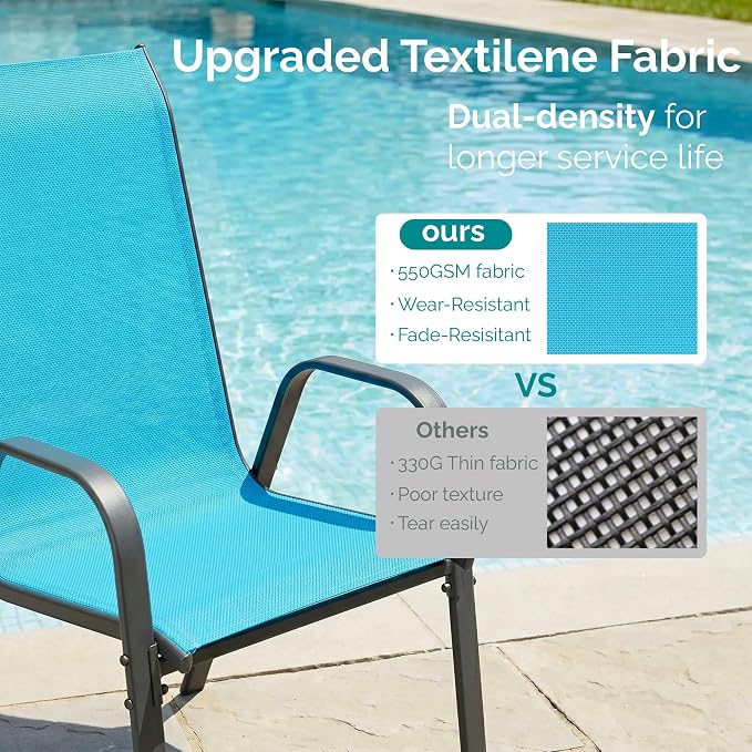 MAMIZO 7 Pieces Patio Dining Set for 6, Outdoor Table and Chairs w/Rectangle Glass Table and 6 Textilene Stackable Chairs, Patio Furniture Set w/1.69" Umbrella Hole (Grey Table & Sky Blue Chair)
