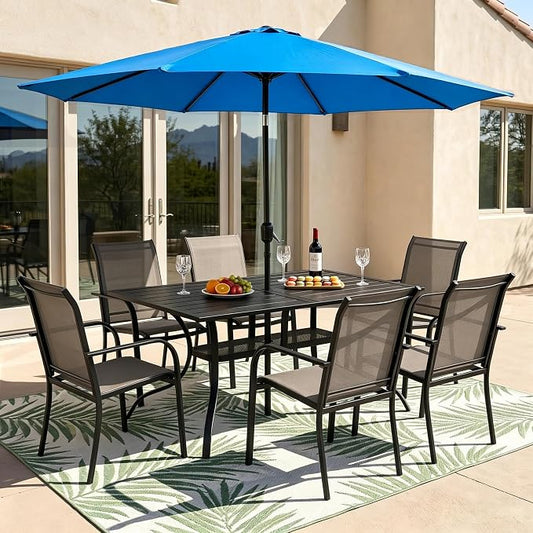 Crownland 7 Piece Patio Dining Set, Textilene Dining Sets, 6 Textilene Metal Chairs and Rectangular Outdoor Dining Table with Sky Blue 9FT Round Outdoor Umbrella (Brown)