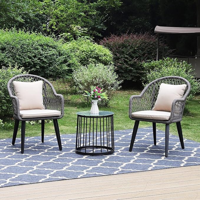 PHI VILLA 3-Piece Patio Conversation Bistro Chat Set All-Weather Wicker Outdoor Furniture for Small Patio, Porch, Balcony w/ 2 Wide Ergonomic Chairs, Glass Top Side Table (Grey)