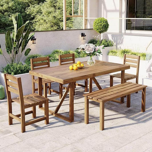 6 Piece Patio Dining Set with Dining Table and Chairs Set, Wood Outdoor Table with Bench, Rectangular Table Set for Balcony and Backyard (Natural Wood)