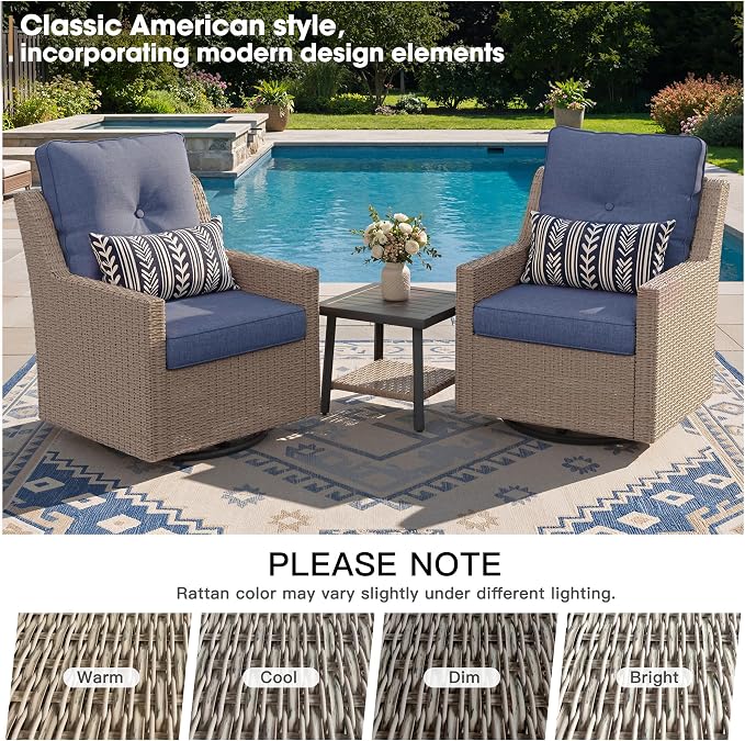NestNook 3 Piece Patio Furniture Set, Outdoor Furniture Wicker Swivel Chairs Set of 2 with Side Table Rattan Patio Conversation Set for Balcony Deck Backyard and Poolside (Blue)