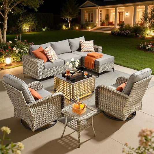 HOOOWOOO 8 Pieces Patio Furniture Set,L Shaped Outdoor Sectional Couch with Swivel Chiars Solar Table, PE Wicker All Weather Outside Conversation Sofa Ottoman Set,Charcoal Gray