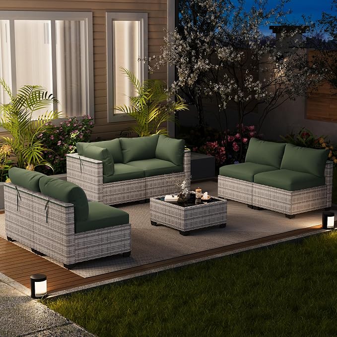 LOUVIXA 7 Piece Outdoor Patio Furniture Set, Outdoor Sectional Sofa, Wicker Rattan Patio Furniture, Patio Conversation Set with Coffee Table & Cushions