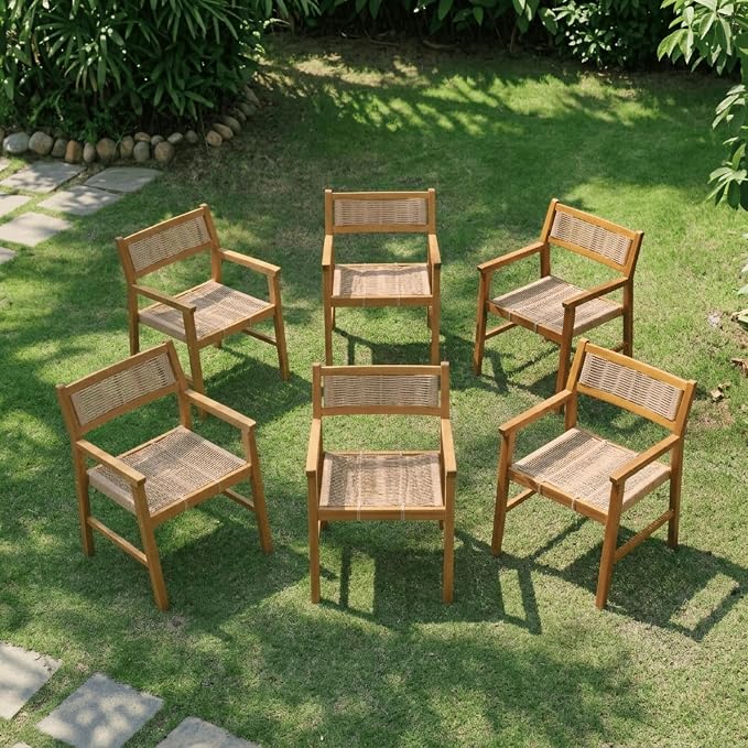NTC Terra 6 Pieces Solid Wood Armchairs with Handwoven Rope Seat & Back, Indoor & Outdoor Dining Chairs for Patio Dining Sets, Modern Patio Chairs with Arms, Easy Assembly, Natural