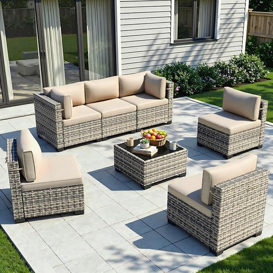 7-Piece Patio Furniture Set, Outdoor Sectional with Thick Cushions, Modular Patio Sofa, Dual-Strand Wicker Rattan, Rust-Resistant Frame, Backyard Furniture for Garden, Deck, Khaki