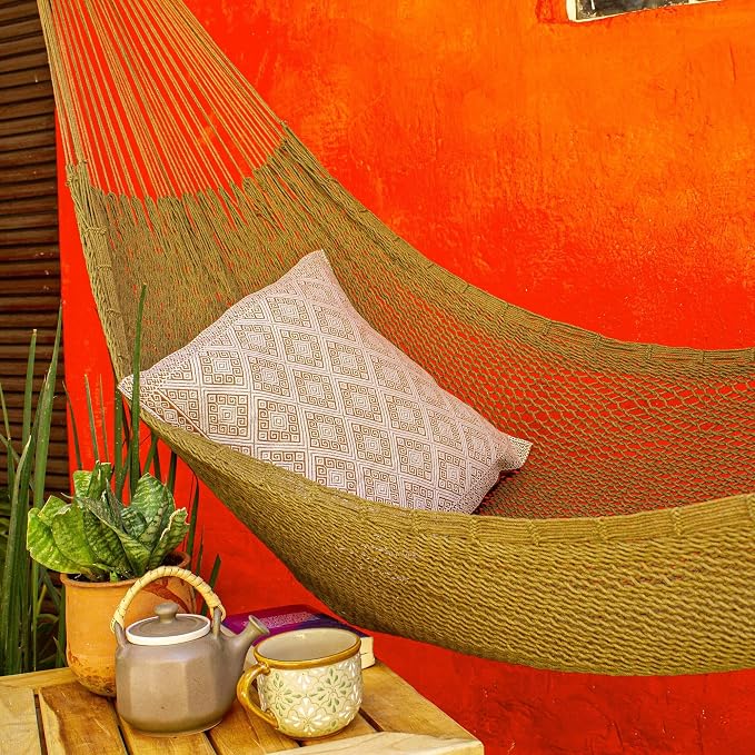 NOVICA Handcrafted Olive Cotton Rope Hammock - 146" L Hanging Hammocks for Indoor/Outdoor Camping and Relaxation, (Single) 'Uxmal Olive'