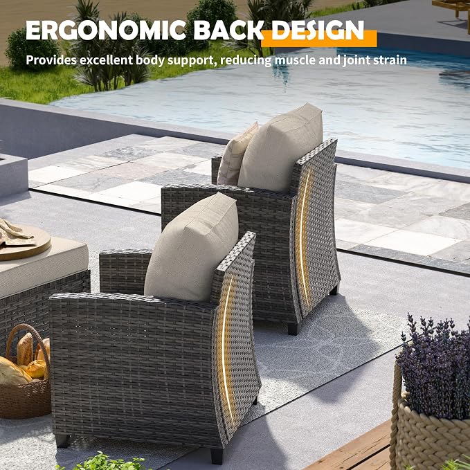 UDPATIO Patio Furniture Set, 5 Pieces Outdoor Sectional Sofa Set, All-Weather Wicker Rattan High Back Outdoor Conversation Set with Ottoman for Poolside, Backyard, Grey Wicker Khaki Cushion