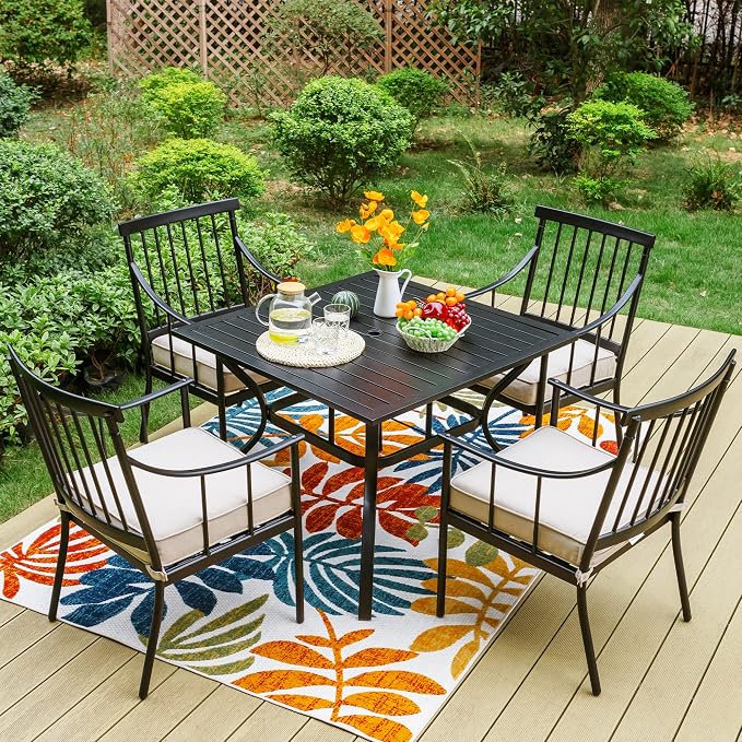 Sophia & William 5-Piece Patio Dining Set, Metal Table, Chairs | Seats 4, Cushions, Umbrella Hole, Stright Leg Chairs, 300 lbs Chair Capacity