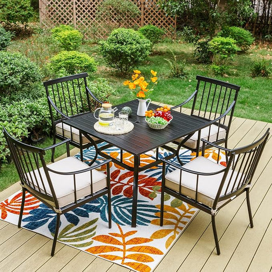 Sophia & William 5-Piece Patio Dining Set, Metal Table, Chairs | Seats 4, Cushions, Umbrella Hole, Stright Leg Chairs, 300 lbs Chair Capacity
