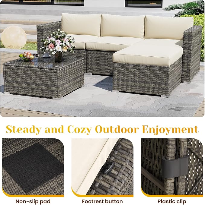May in Color 5 Piece Outdoor Patio Sectional Furniture Set, Weather Resistant Rattan Outside Couch, Waterproof Conversation Sofa for Balcony, Porch, Backyard, Deck, Garden,Beige