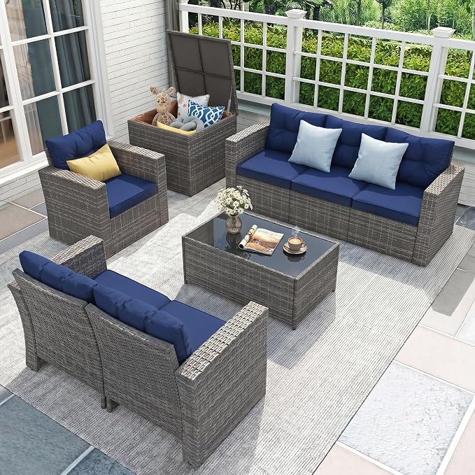 JOIVI 8 Pieces Patio Furniture Set with Storage Box, Rattan Patio Conversation Set, Wicker Couch Sectional Sofa Set with Cushions and Coffee Table for Outside Porch, Deck, Navy Blue