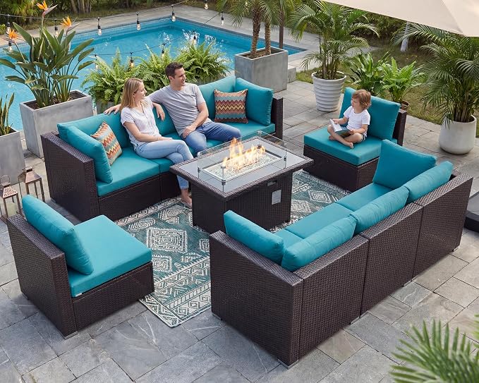 NICESOUL 9 Piece Large Outdoor Patio Furniture Set with Fire Pit Propane/Natural Gas, 29.3'' High Back Comfy Rattan Modular Sectional for 8, Deep Seat Conversation Sets, Brown Rattan and Teal Cushion