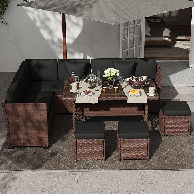 KIGOTY 7 Piece Patio Furniture Set, Outdoor PE Wicker Rattan Outdoor Dining Set, Patio Table and Chairs Set, Patio Conversation Sofa Set with Dining Table and Ottoman(Brown-Black)