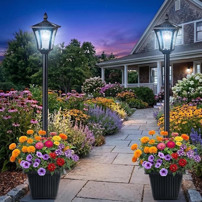 Benany 76" Solar Lamp Post Lights with Planter, Glass & Metal Street Light Outdoor Waterproof, 60 Lumens Dusk to Dawn Solar Pole Light for Garden, Yard, Driveway, Porch, Patio, Cool White