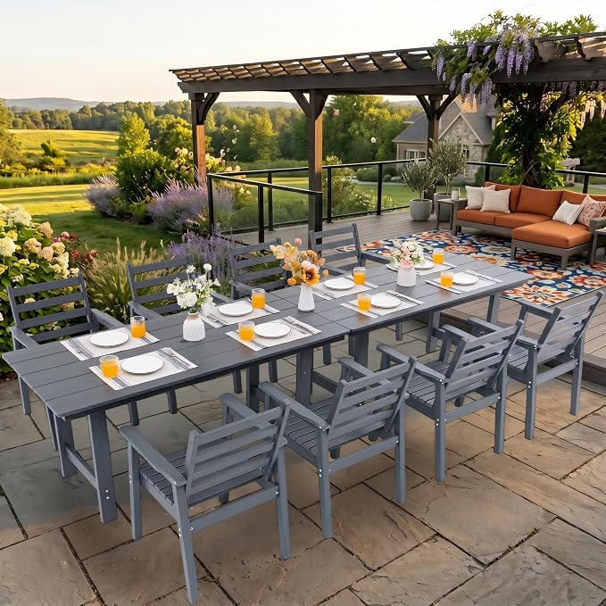 10-Piece Outdoor Dining Set, All-Weather HDPE Patio Furniture, Two 66.5" Slatted Table with 1.6" Umbrella Hole & 8 Ergonomic Armchairs, Heavy Duty 350lbs Capacity, UV Resistant, Gray