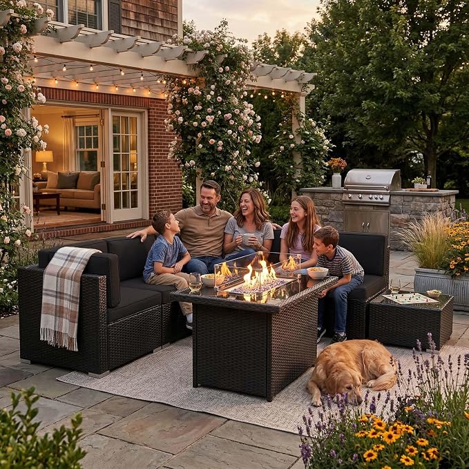 15 Pieces Patio Furniture Set with 44" Propane Gas Fire Pit Table, Outdoor Sectional Wicker Conversation Sofa Sets with Coffee Table
