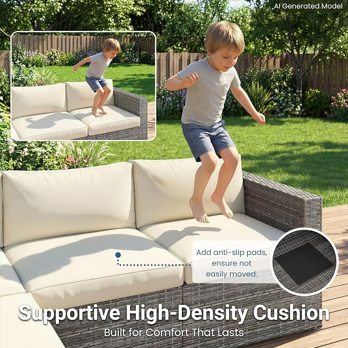 Wisteria Lane 5 Piece Outdoor Patio Furniture Set, All Weather Wicker Rattan Sectional Sofa Conversation Set with Cushions & Glass Coffee Table, Ideal for Porch Garden Balcony Backyard, Beige