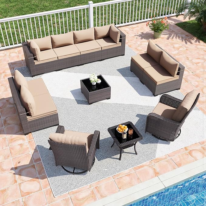 12 Pieces Outdoor Patio Furniture Set,Outdoor Sectional Furniture All Weather PE Rattan Wicker Patio Conversation Set with Coffee Table,Swivel Rocking Chairs Set,Sand