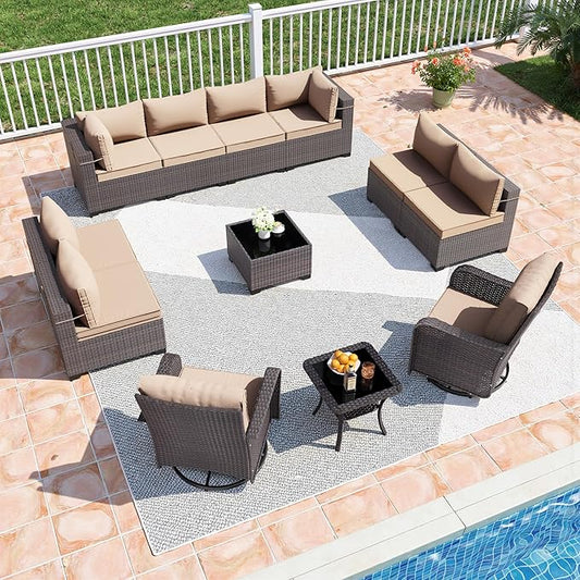 12 Pieces Outdoor Patio Furniture Set,Outdoor Sectional Furniture All Weather PE Rattan Wicker Patio Conversation Set with Coffee Table,Swivel Rocking Chairs Set,Sand
