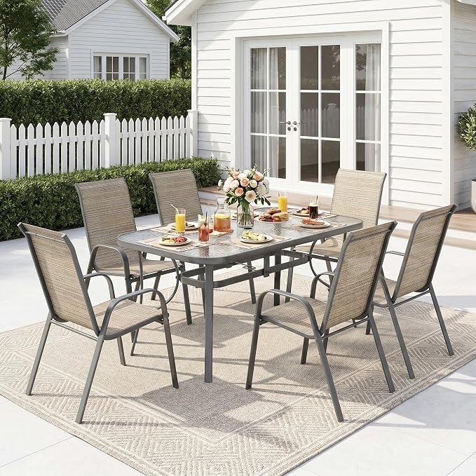 MAMIZO 7 Pieces Patio Dining Set for 6, Outdoor Table and Chairs w/Rectangle Glass Table and 6 Textilene Stackable Chairs, Patio Furniture Set w/1.69" Umbrella Hole (Grey Table & Brown Chair)