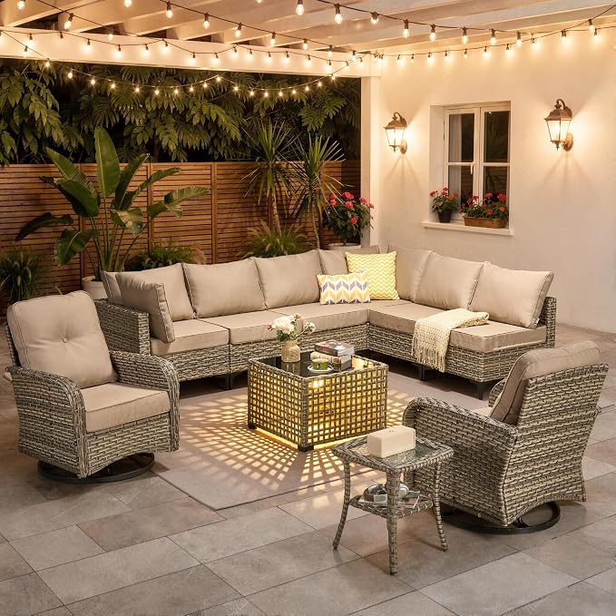 10 Pieces Patio Furniture Set, Outdoor Conversation Set with 360° Swivel Rocker Chairs, Wicker Modular Sectional Sofa & Solar Coffee Table, High Back Outdoor Furniture L Shaped Couch for Porch, Beige