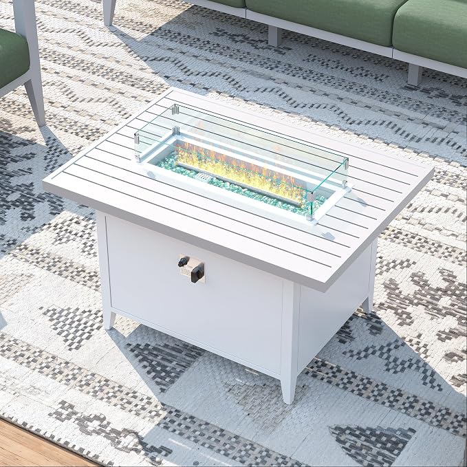 Aluminum Patio Furniture Set with Oversized Fire Pit Table, 7-Piece All-Weather Outdoor Conversation Set with Swivel Rocking Chairs, Oversized Modern Sofa for Backyard,Deck,Balcony–White
