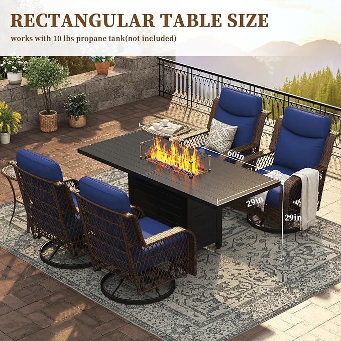 PIZZELLO 10 Piece Patio Set with 60" Propane Fire Pit Table | 6Pcs Outdoor Swivel Rocker Chairs with 3 Side Tables and Aluminum Gas Fire Table