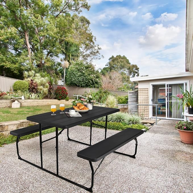 Giantex 4.5 FT Folding Picnic Table Bench Set- Outdoor Dining Set for 4-6 Persons w/All-Weather HDPE Tabletop, Metal Leg, Large Outside Dining Table for Lawn Patio Garden Yard Poolside, Black