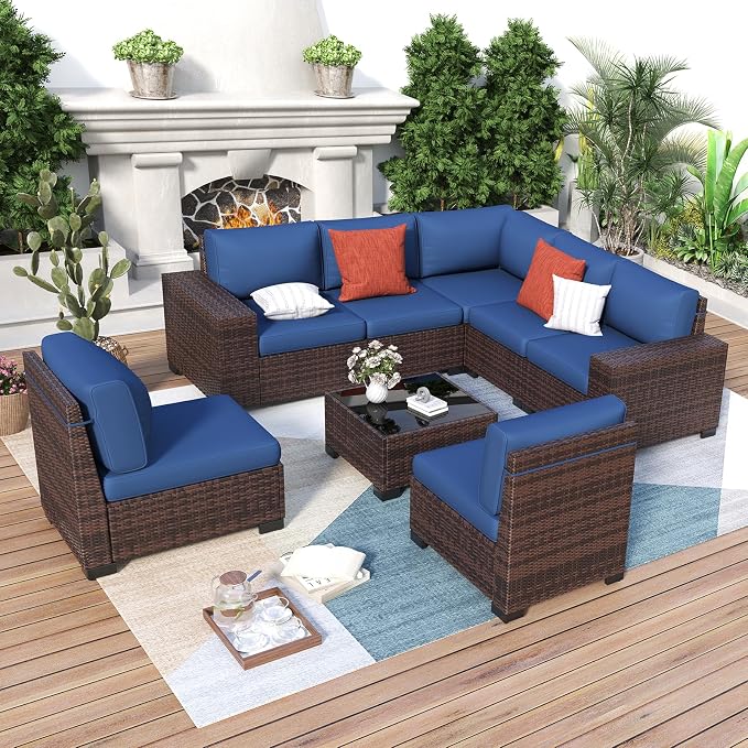 Outdoor Patio Furniture Set, Wide Outdoor Sectional Rattan Sofa Set, Wicker Patio Conversation Set w/Cover for Deck, Poolside, Porch, 8 PC (Brown & Navy)