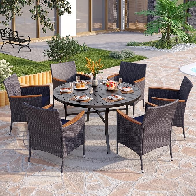 PHI VILLA 7 Pieces Patio Round Dining Set for 6, Large Wrought Iron Outdoor Dining Table with Umbrella Hole & Cushioned Wicker Rattan Chairs, Dining Furniture Set for Deck, Yard, Porch