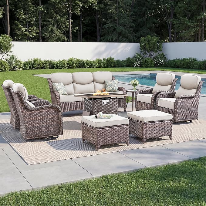Luxury Patio Furniture Set with 6-inch Thick Cushion, Outdoor Furniture with Fire Pit Table, Swivel Chairs, Sofa, Side Table, Ottomans, 9pcs Wicker Conversation Set(Brown Wicker | Beige Cushion)
