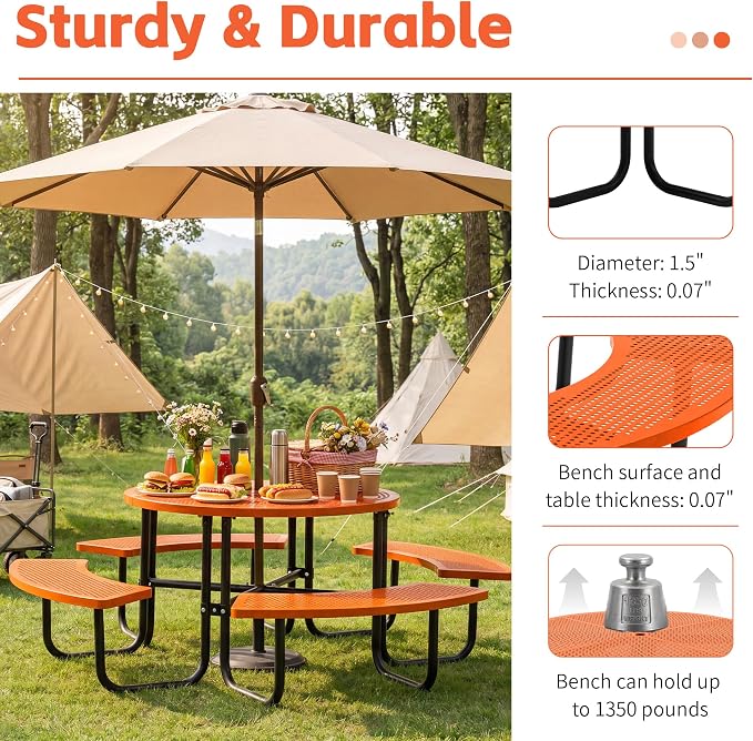 46" Outdoor Round Perforated Picnic Table Metal Camping Table with Umbrella Hole - Heavy Duty Steel Mesh Picnic Bench Set for Backyard Garden Deck, Orange