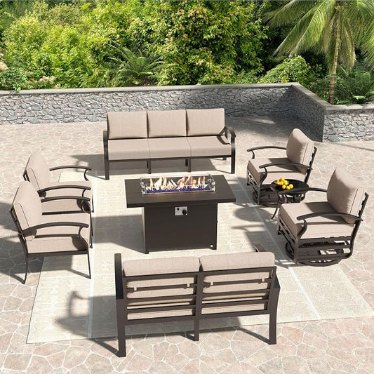 Kullavik Aluminum Patio Furniture Set,8 Piece Modern Metal Outdoor Patio Furniture w/5.1'' Thick Cushion,Swivel Chairs and Propane Fire Pit Table,Patio Conversation Sets for Porch,Deck,Sand